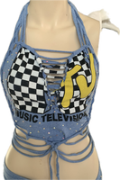 Reworked I want my Mtv cut up slit weave crystal rhinestone halter crop top cut up t shirt fringe micro mini skirt