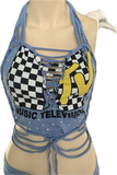 Reworked I want my Mtv cut up slit weave crystal rhinestone halter crop top cut up t shirt fringe micro mini skirt