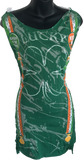 Green Is the theme  lucky shirt bleached shamrock 4 leaf clover St Paddy’s day overly shredded slit weave kiss me I’m Irish leprechaun costume backless micro mini dress