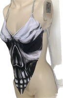 Black and white smoke skull backless spooky skeleton shredded handkerchief style halter top