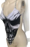 Black and white smoke skull backless spooky skeleton shredded handkerchief style halter top