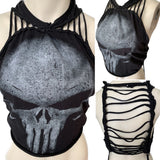 The punisher antihero skull cut woven finger crochet backless slitweave muscle t shirt crop tank top