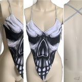 Black and white smoke skull backless spooky skeleton shredded handkerchief style halter top