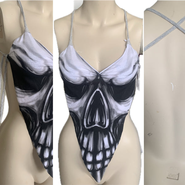 Black and white smoke skull backless spooky skeleton shredded handkerchief style halter top
