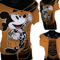 Halloween cartoon skeleton costume mouse in the house overly shredded slit weave backless t shirt