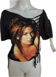Shania Twain let’s go girls overly shredded backless slit weave asymmetrical cut up woven t shirt crop top