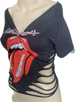 Satisfaction overly shredded backless slit weave shredded cut up t shirt