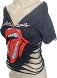 Satisfaction overly shredded backless slit weave shredded cut up t shirt