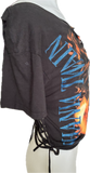 Shania Twain let’s go girls overly shredded backless slit weave asymmetrical cut up woven t shirt crop top