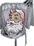 Don’t stop believing Santa clause Christmas Reworked overly shredded backless T Shirt crop top