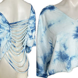 Blue tie dye backless cut up slitweave cut up woven v neck t shirt crop top