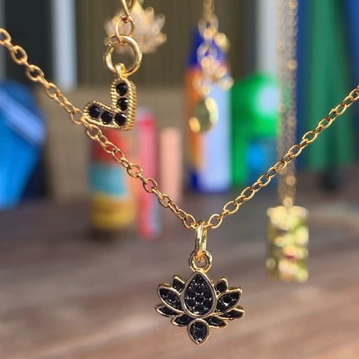 Stainless Steel gold plated tiny lotus REBIRTH black cz FLOWER Necklace