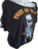 Halloween cartoon Bart Simpson  The Simpsons skeleton halloween costume overly shredded slit weave cut up woven backless asymmetrical t shirt