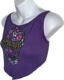 Purple sugar skull day of the dead shredded backless halter handkerchief style crop tank top cut up good sparkly graphic tshirt