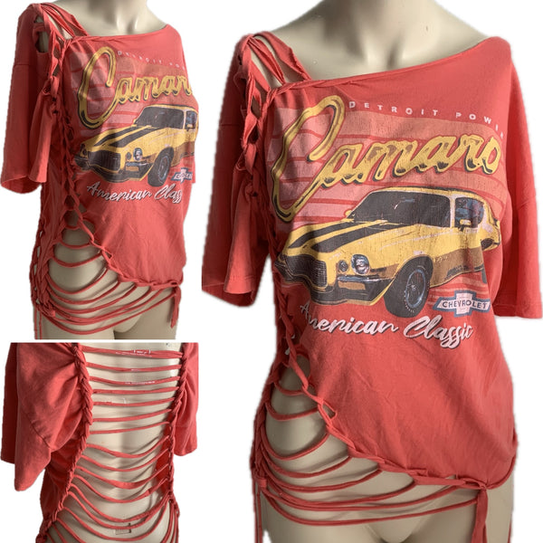 Detroit Power American Classic backless hotbeod shredded slit weave tshirt one size fits most
