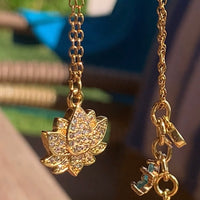 Stainless Steel gold plated lotus REBIRTH white rhinestone FLOWER Necklace