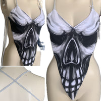 Black and white smoke skull backless spooky skeleton shredded handkerchief style halter top