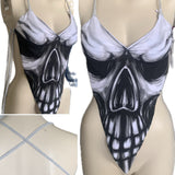 Black and white smoke skull backless spooky skeleton shredded handkerchief style halter top