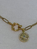 Gold plated brass DIVINELY GUIDED rhinestone compass necklace