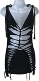Black St Paddy’s day overly shredded slit weave cut up woven backless micro mini cami holiday drinking dress