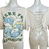 Lucky st Patrick’s Day here for the shenanigans the smurfs shamrock luck of the Irish graphic holiday backless cut up woven super soft v neck t shirt crop top