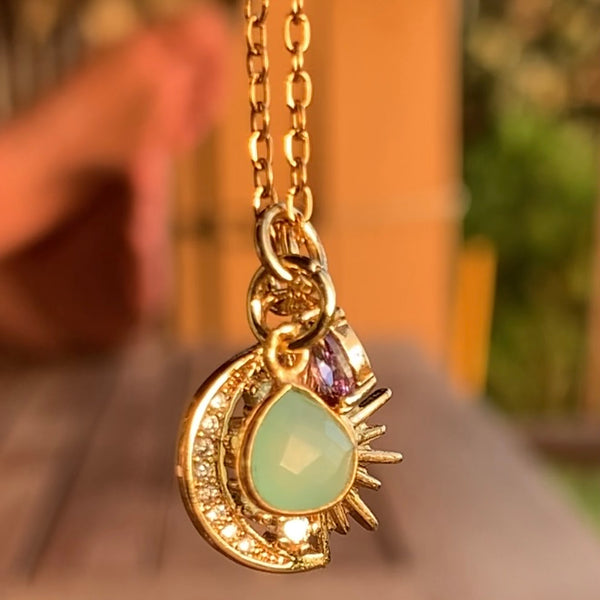 Stainless Steel gold plated sun moon stars rhinestone Necklace