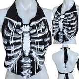 Skeleton drip halloween backless graphic cut up t shirt handkerchief tank crop halter top