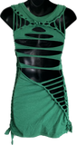 Green lucky shirt shamrock 4 leaf clover Paddy’s day overly shredded slit weave backless micro mini dress