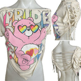 Pride rainbow care bear share bear backless overly shredded slit weave cut up woven tshirt crop top LGBTQ+