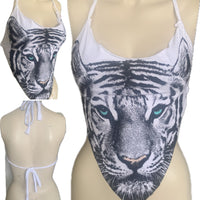 blue eyed backless white tiger shredded handkerchief style halter top XS S