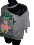 Lucky st Patrick’s day Patrick Sponge Bob SquarePants Ireland shamrock drinking party luck of the Irish crop top graphic holiday backless cut up t shirt