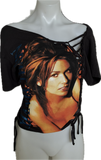 Shania Twain let’s go girls overly shredded backless slit weave asymmetrical cut up woven t shirt crop top