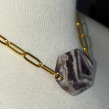 Gold plated brass chunky purple marbled stone DIVINELY GUIDED paperclip rhinestone compass necklace