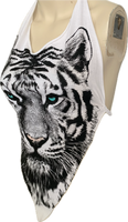 Icy blue eyed backless white tiger shredded handkerchief style retro halter top