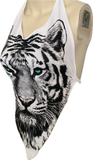 Icy blue eyed backless white tiger shredded handkerchief style retro halter top