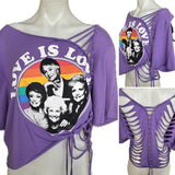 Festival Fashion love is love golden girls shredded backless retro slit weave asymmetrical cut up woven t shirt crop top