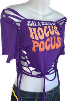 Bunch of Hocus Pocus Halloween witch inspired overly shredded slit weave backless t shirt