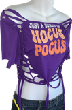 Bunch of Hocus Pocus Halloween witch inspired overly shredded slit weave backless t shirt