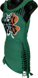 Green lucky shirt shamrock 4 leaf clover Paddy’s day overly shredded slit weave backless micro mini dress