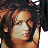 Shania Twain let’s go girls overly shredded backless slit weave asymmetrical cut up woven t shirt crop top