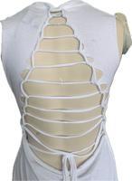 Start Me Up backless white Micro Mini cut up slit weave band t shirt dress