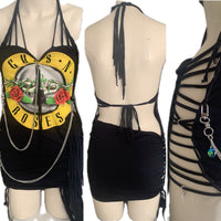 Paradise City freak on a leash Micro Mini slitweave halter dress w detachable chains crystal charms