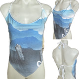 Sky blue graffiti street culture shredded cut up t shirt handkerchief style retro halter crop top