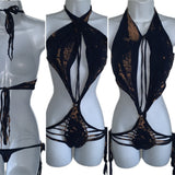 Bleached shredded cut up Reworked navy tie halter T Shirt Bodysuit