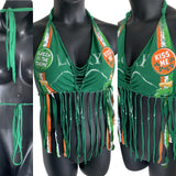 Lucky st Patrick’s day Ireland shamrock kiss me I’m Irish leprechaun costume green is the theme drinking party fringe halter bikini crop top graphic holiday t shirt XXXS XXS XS S