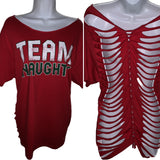 Christmas Holiday backless naughty list slit weave shredded cut up woven tshirt