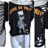 Halloween cartoon Bart Simpson  The Simpsons skeleton halloween costume overly shredded slit weave cut up woven backless asymmetrical t shirt