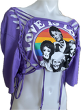 Festival Fashion love is love golden girls overly shredded backless retro slit weave cut up woven t shirt crop top
