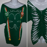 Kiss me I’m Irish green is the theme lucky Backless Shredded St Patrick’s Day leprechaun party costume T Shirt