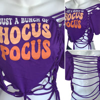 Bunch of Hocus Pocus Halloween witch inspired overly shredded slit weave backless t shirt